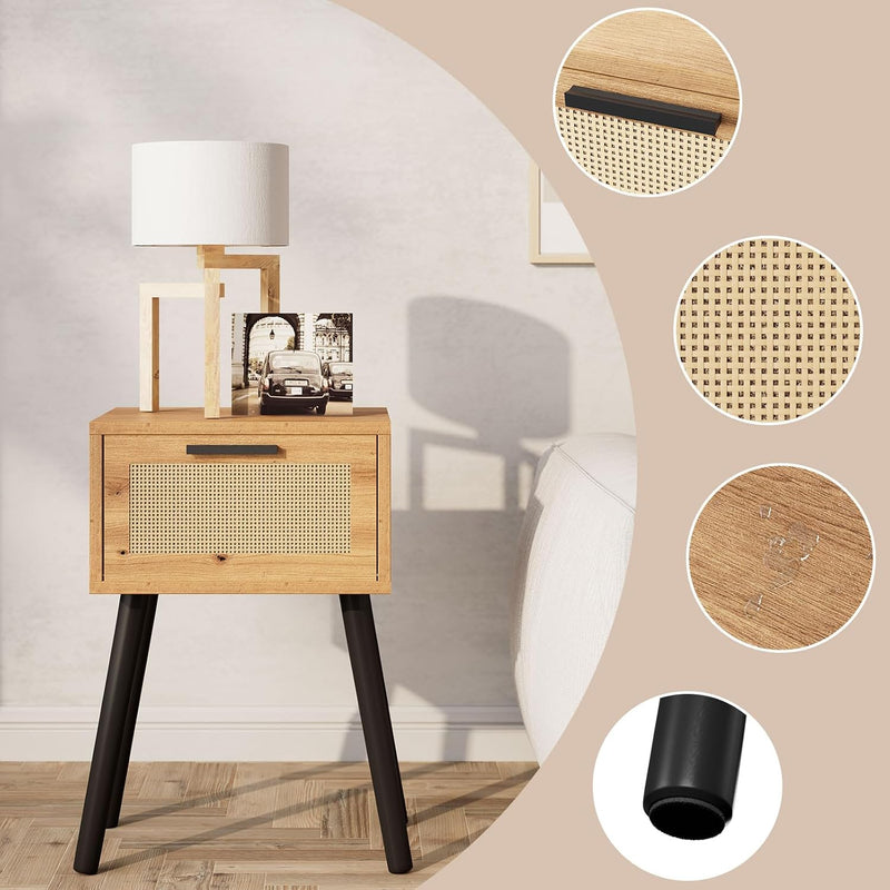 Nightstand End Table Small Bedside Handmade Rattan Decorated (Set of 2)