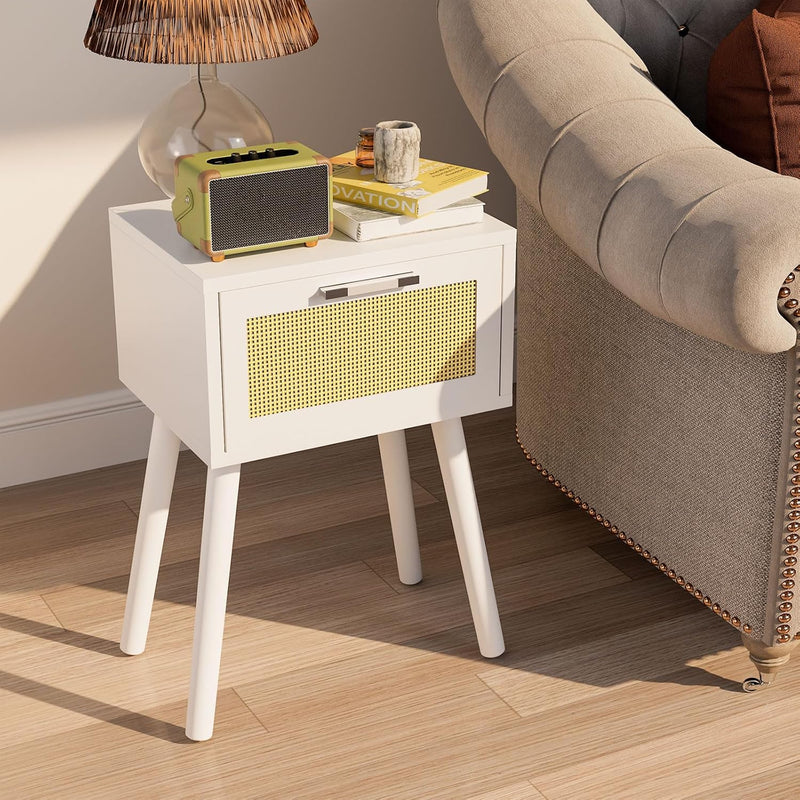 Nightstand End Table Small Bedside Handmade Rattan Decorated (Set of 2)