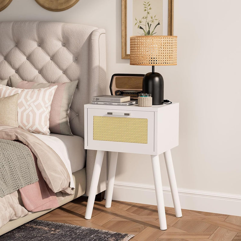 Nightstand End Table Small Bedside Handmade Rattan Decorated (Set of 2)