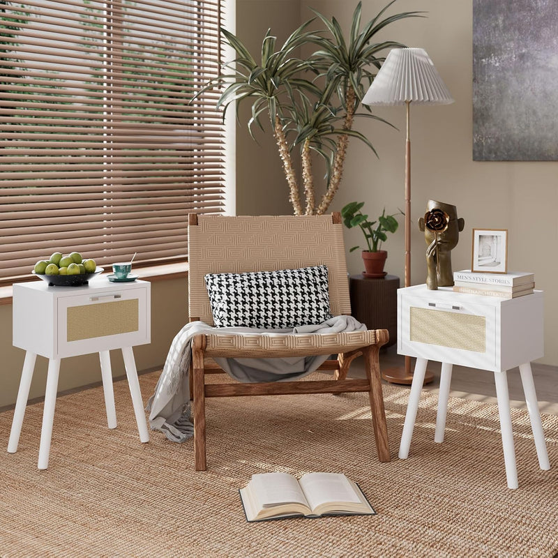 Nightstand End Table Small Bedside Handmade Rattan Decorated (Set of 2)