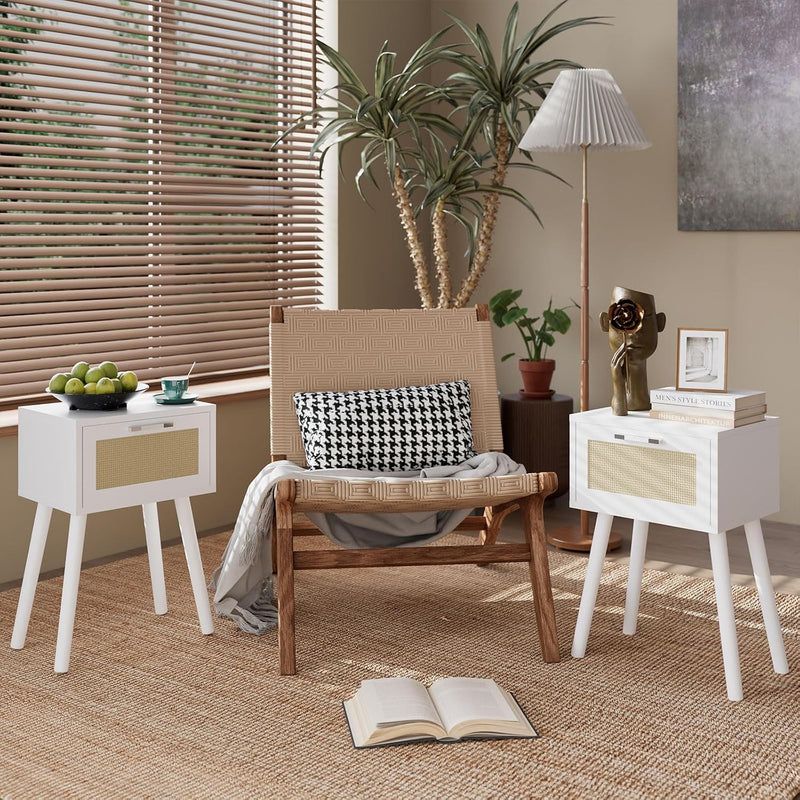 Nightstand End Table Small Bedside Handmade Rattan Decorated (Set of 2)
