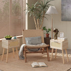 Nightstand End Table Small Bedside Handmade Rattan Decorated (Set of 2)
