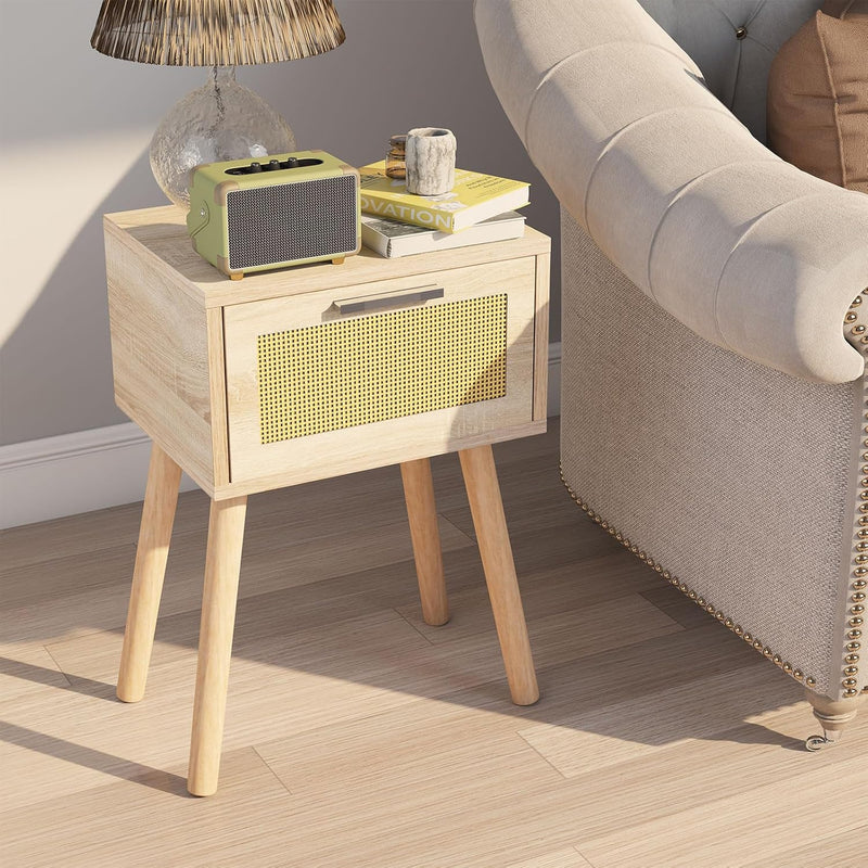 Nightstand End Table Small Bedside Handmade Rattan Decorated (Set of 2)
