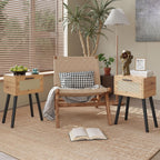 Nightstand End Table Small Bedside Handmade Rattan Decorated (Set of 2)