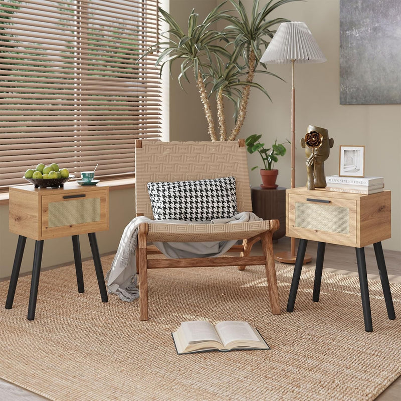 Nightstand End Table Small Bedside Handmade Rattan Decorated (Set of 2)