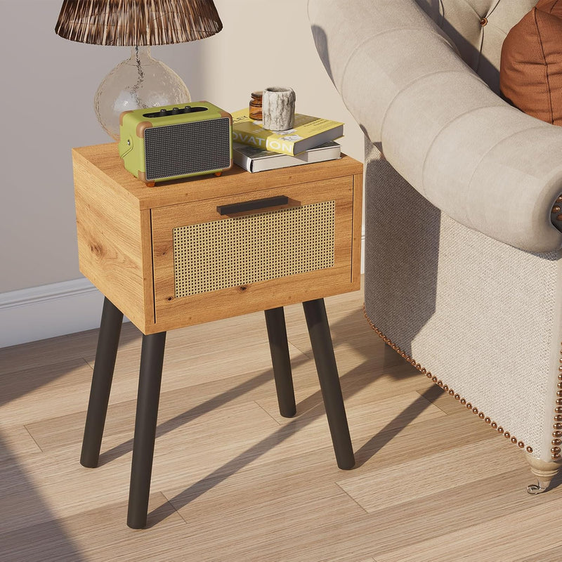 Nightstand End Table Small Bedside Handmade Rattan Decorated (Set of 2)