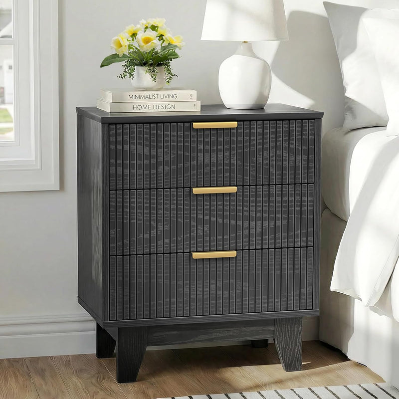 Fluted Nightstand with 3 Drawers Modern Bedside Tabls