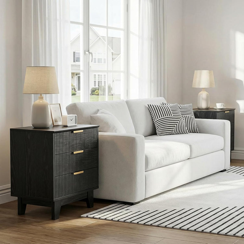 Fluted Nightstand with 3 Drawers Modern Bedside Tabls