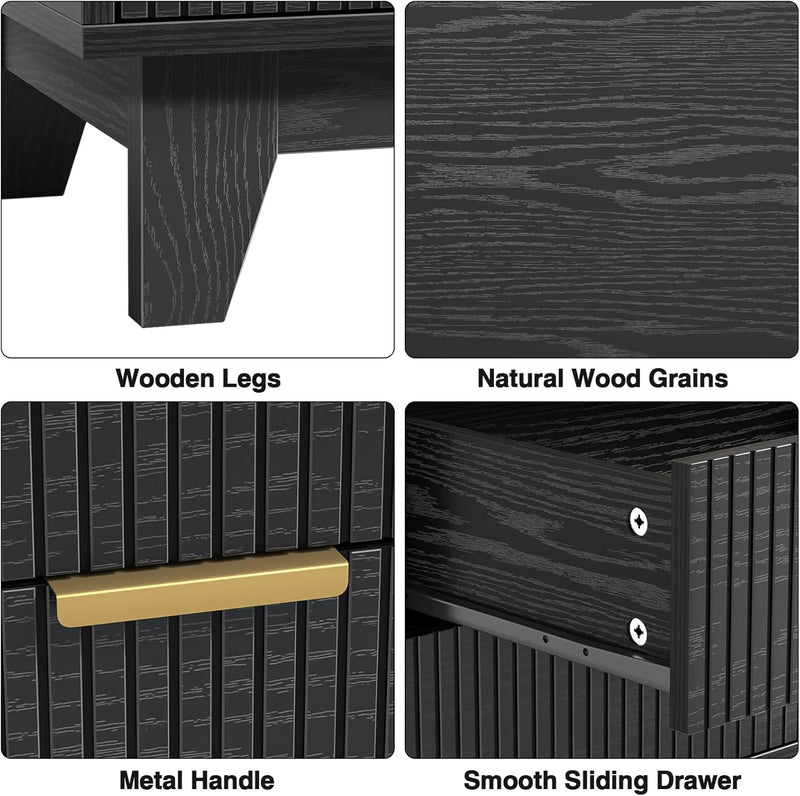 Fluted Nightstand with 3 Drawers Modern Bedside Tabls