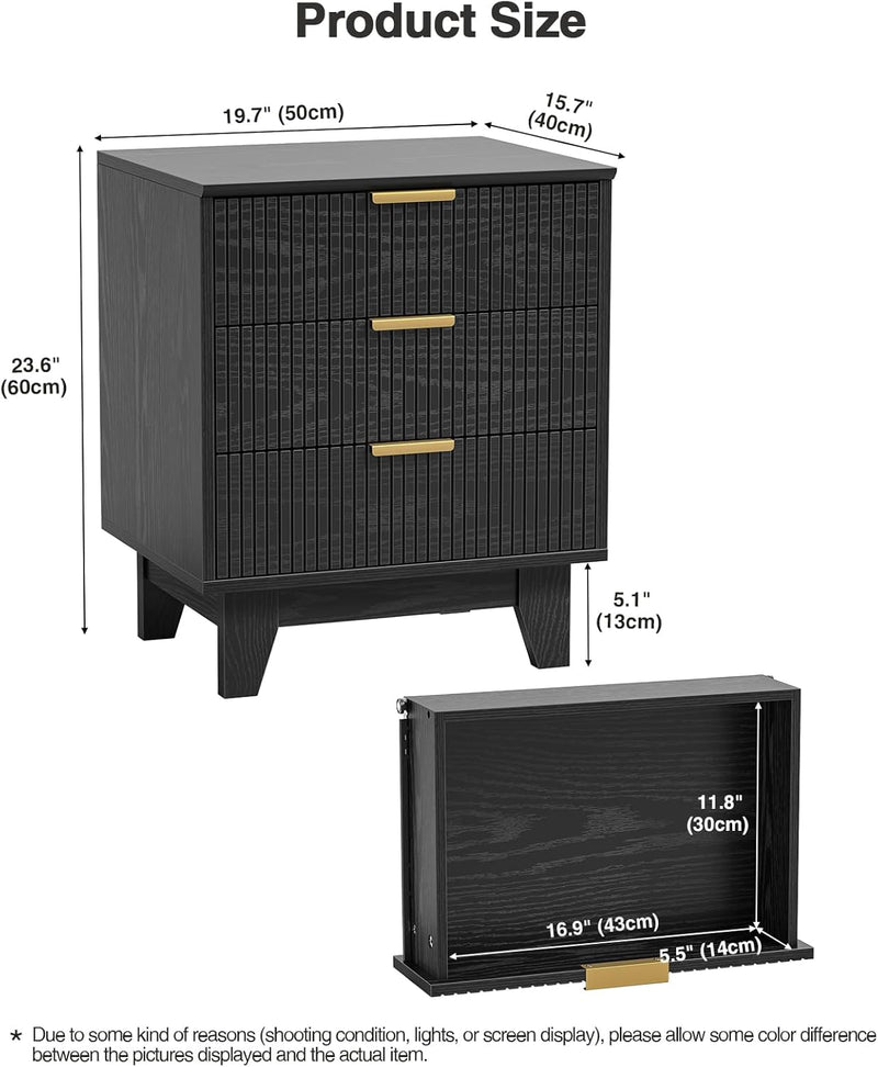 Fluted Nightstand with 3 Drawers Modern Bedside Tabls