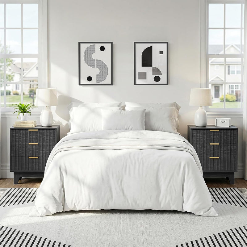 Fluted Nightstand with 3 Drawers Modern Bedside Tabls