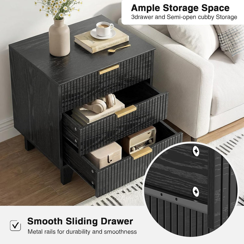 Fluted Nightstand with 3 Drawers Modern Bedside Tabls