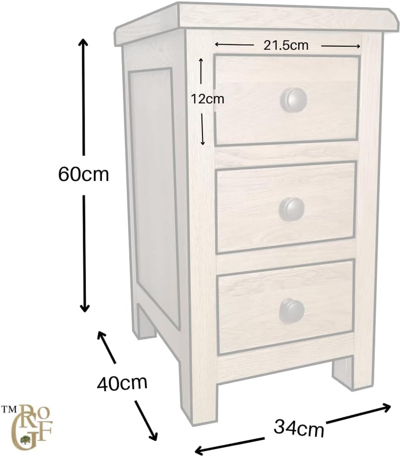 Oak Bedside Table Slim 3 Drawer Wooden Nightstands