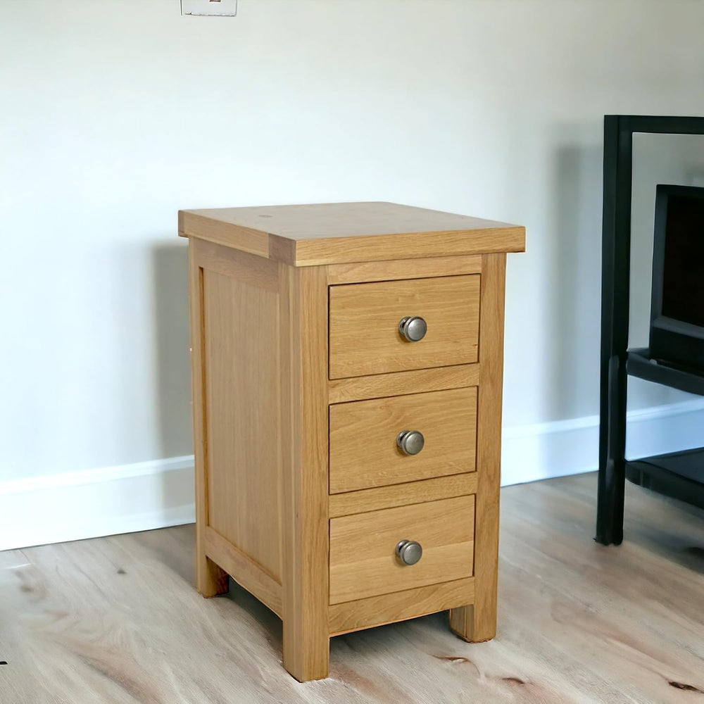 Oak Bedside Table Slim 3 Drawer Wooden Nightstands