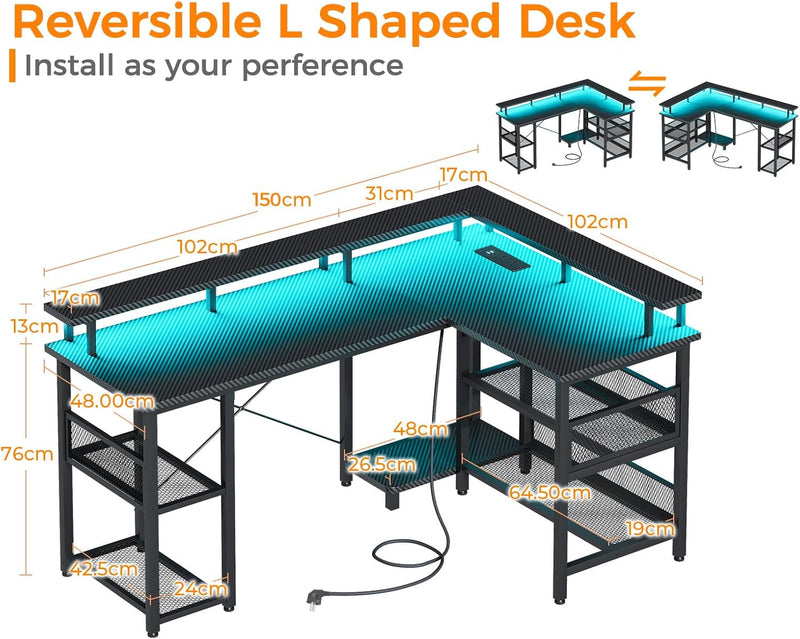 L Shaped Gaming Desk with LED Lights Power