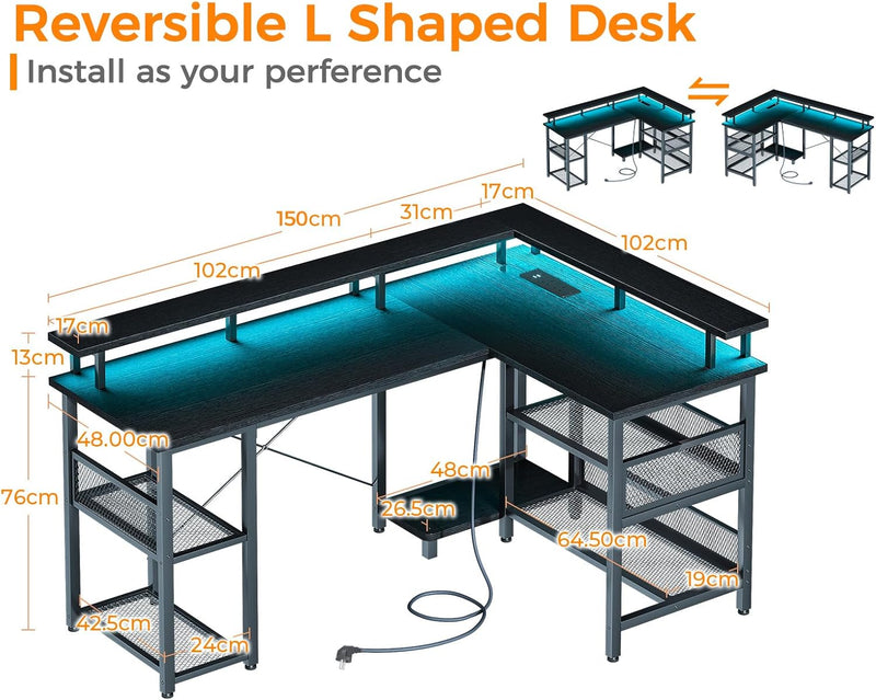 L Shaped Gaming Desk with LED Lights Power