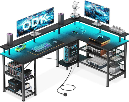 L Shaped Gaming Desk with LED Lights Power
