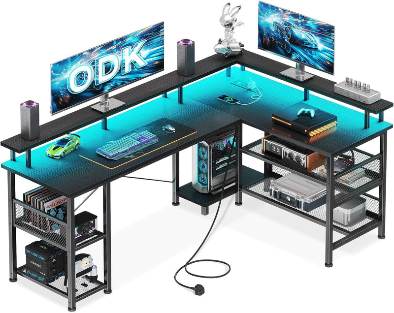 L Shaped Gaming Desk with LED Lights Power