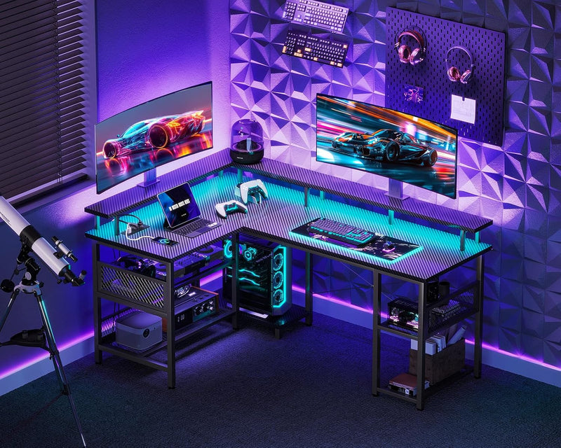 L Shaped Gaming Desk with LED Lights Power