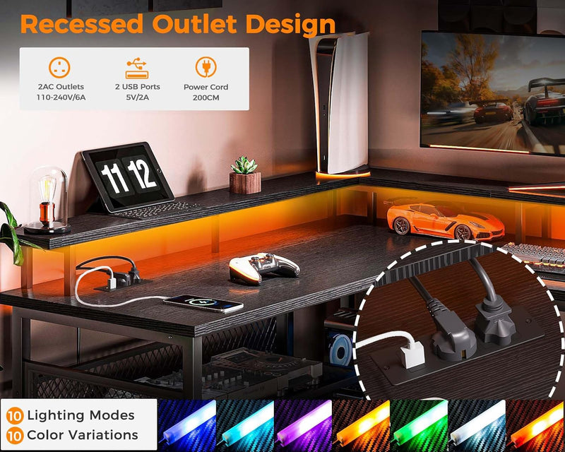 L Shaped Gaming Desk with LED Lights Power