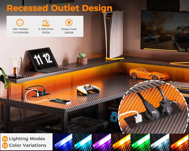 L Shaped Gaming Desk with LED Lights Power