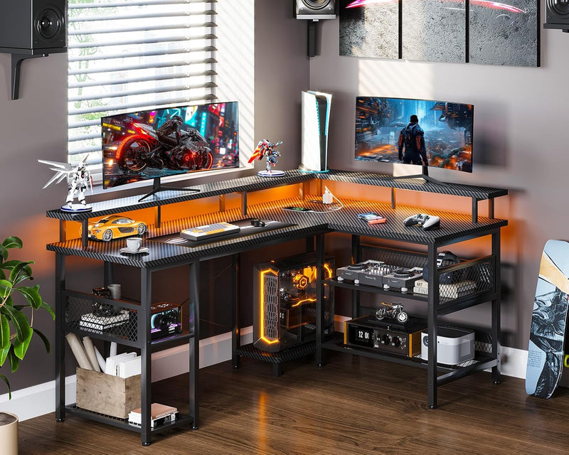 L Shaped Gaming Desk with LED Lights Power
