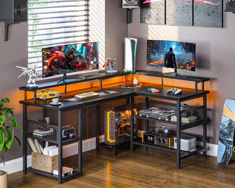 L Shaped Gaming Desk with LED Lights Power