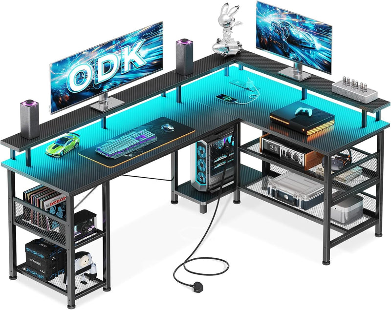 L Shaped Gaming Desk with LED Lights Power