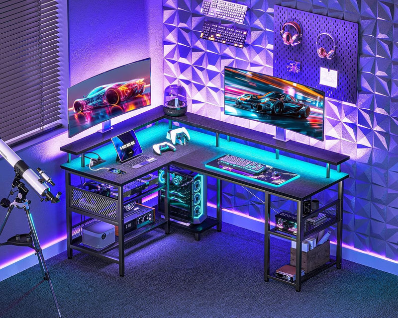 L Shaped Gaming Desk with LED Lights Power