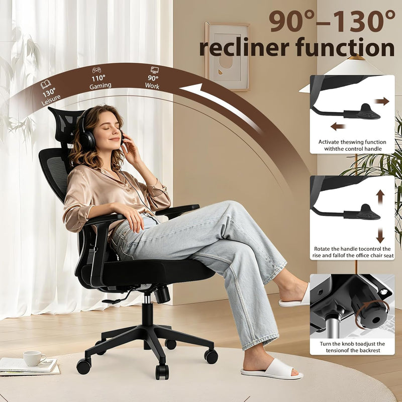 Office Chair Desk with Adjustable Headrest Lumbar Support