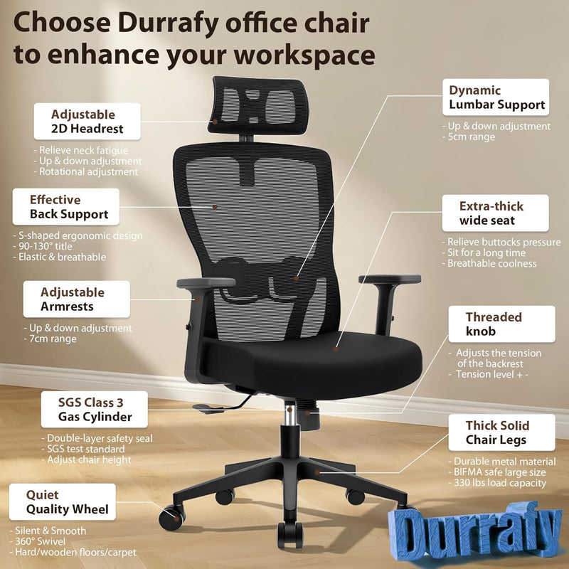Office Chair Desk with Adjustable Headrest Lumbar Support