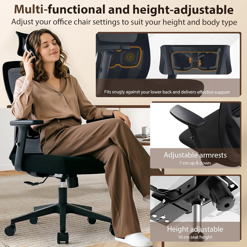 Office Chair Desk with Adjustable Headrest Lumbar Support