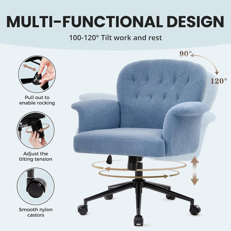 Office Chair Teddy Fleece Wide Desk with Wheels