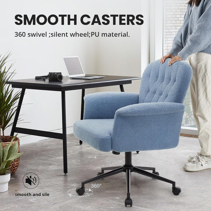 Office Chair Teddy Fleece Wide Desk with Wheels