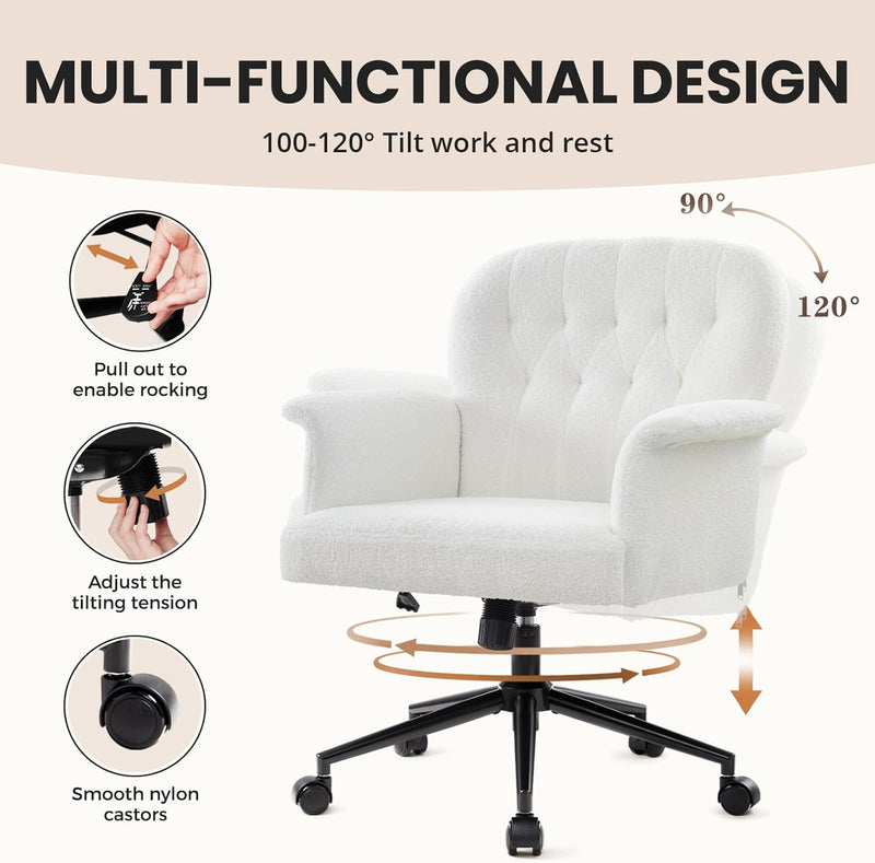 Office Chair Teddy Fleece Wide Desk with Wheels