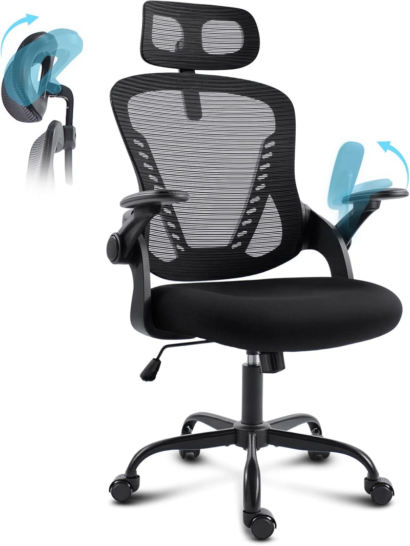 Office Chair with Headrest Mesh Desk Flip-Up Armrests