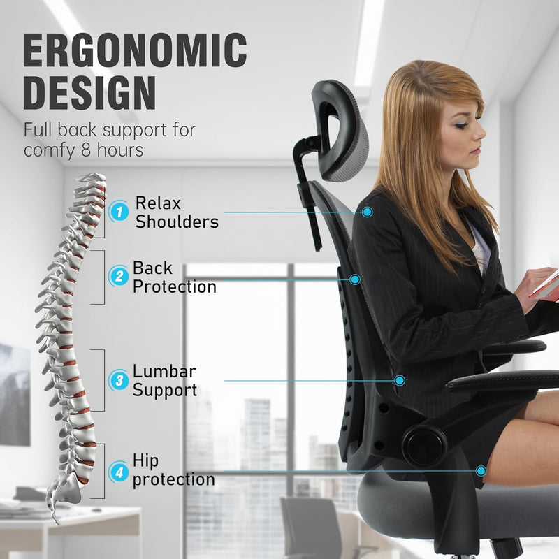 Office Chair with Headrest Mesh Desk Flip-Up Armrests