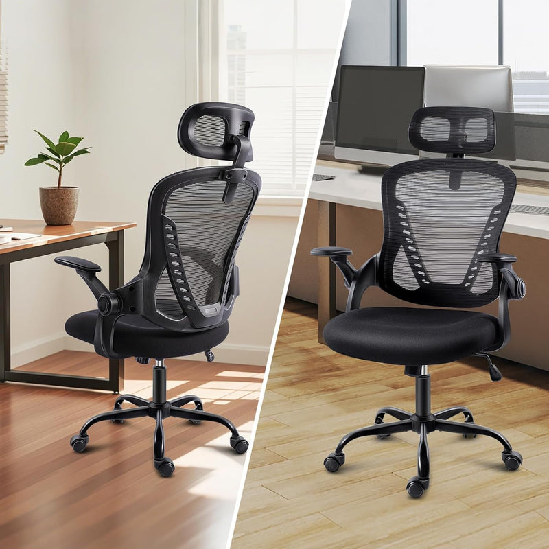 Office Chair with Headrest Mesh Desk Flip-Up Armrests
