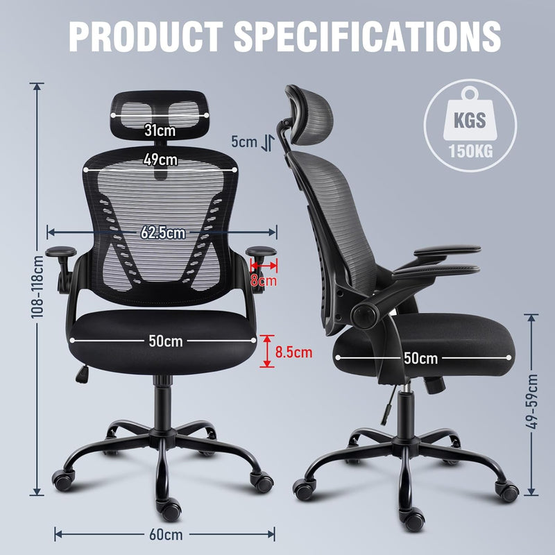 Office Chair with Headrest Mesh Desk Flip-Up Armrests