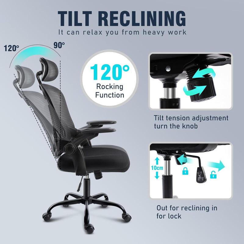 Office Chair with Headrest Mesh Desk Flip-Up Armrests