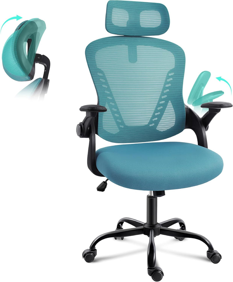 Office Chair with Headrest Mesh Desk Flip-Up Armrests