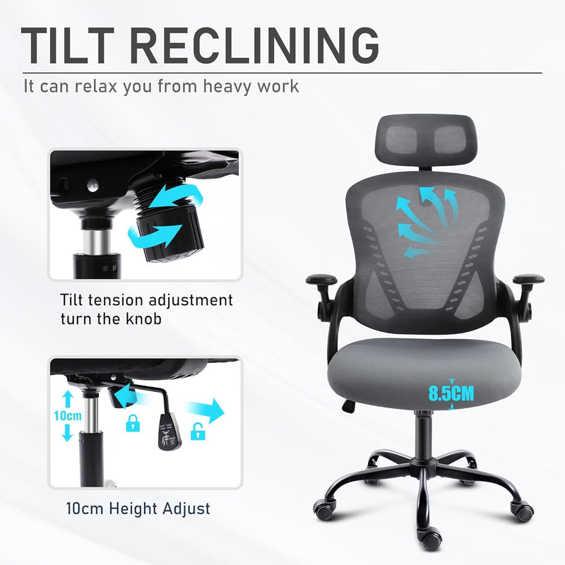 Office Chair with Headrest Mesh Desk Flip-Up Armrests