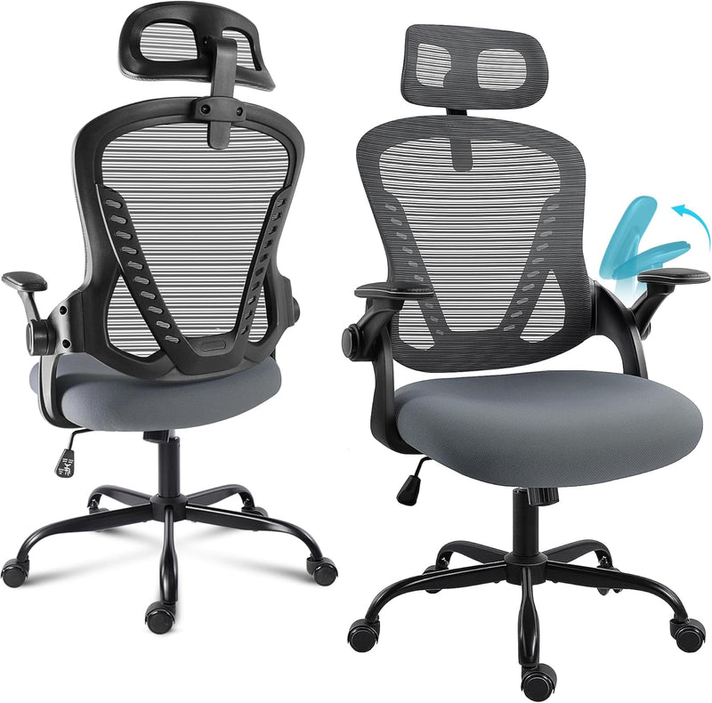 Office Chair with Headrest Mesh Desk Flip-Up Armrests