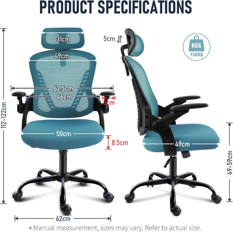 Office Chair with Headrest Mesh Desk Flip-Up Armrests