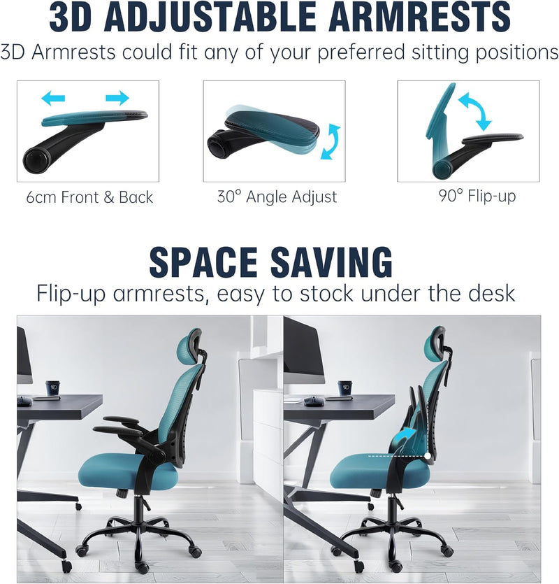 Office Chair with Headrest Mesh Desk Flip-Up Armrests