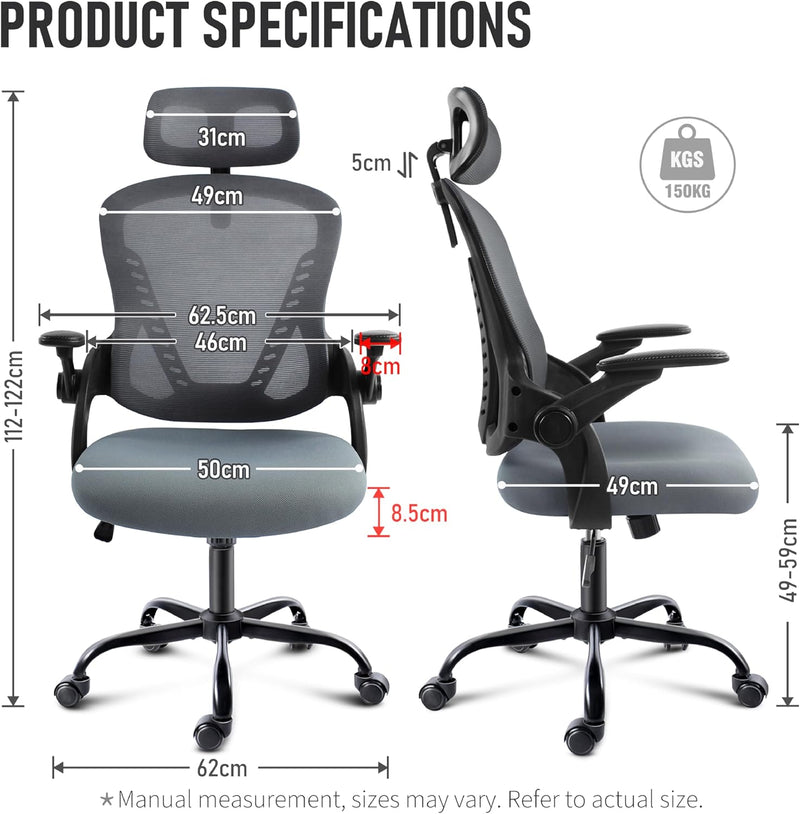 Office Chair with Headrest Mesh Desk Flip-Up Armrests