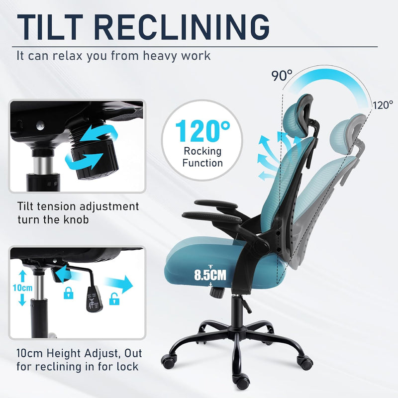 Office Chair with Headrest Mesh Desk Flip-Up Armrests