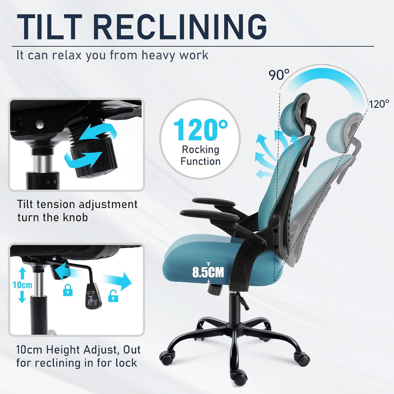 Office Chair with Headrest Mesh Desk Flip-Up Armrests