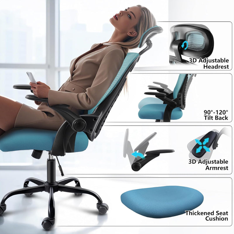 Office Chair with Headrest Mesh Desk Flip-Up Armrests