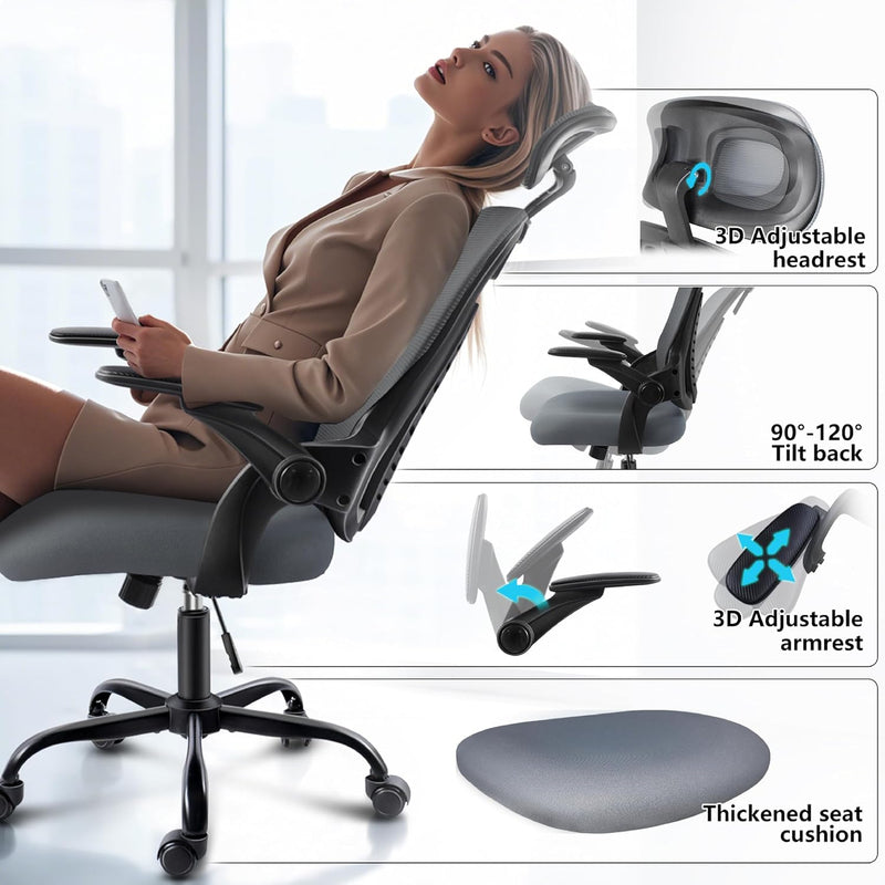 Office Chair with Headrest Mesh Desk Flip-Up Armrests